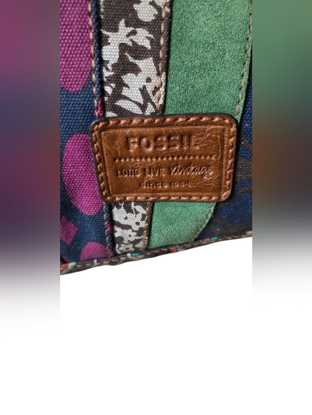 Fossil Patchwork Tote Crossbody Bag Multicolor Suede Canvas Leather Key Charm - Picture 8 of 16